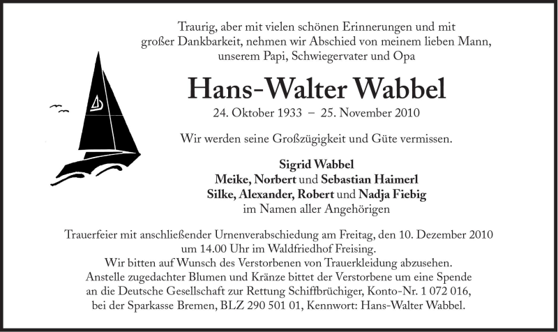  Traueranzeige für Hans-Walter Wabbel vom 01.12.2010 aus Süddeutsche Zeitung