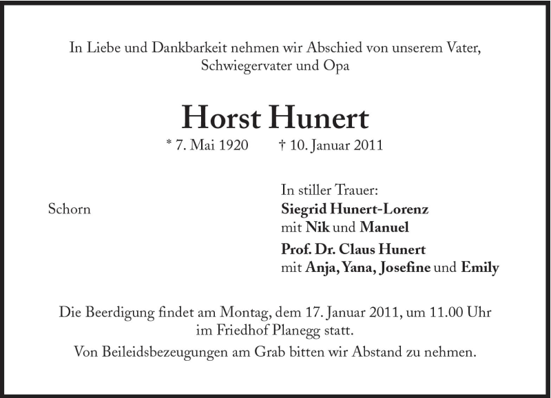  Traueranzeige für Horst Hunert vom 13.01.2011 aus Süddeutsche Zeitung