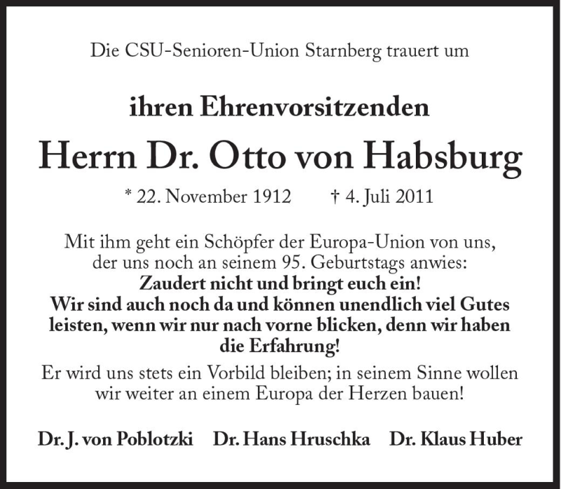  Traueranzeige für Otto von Habsburg vom 06.07.2011 aus Süddeutsche Zeitung