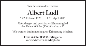 Traueranzeige von Albert Ludl von Süddeutsche Zeitung