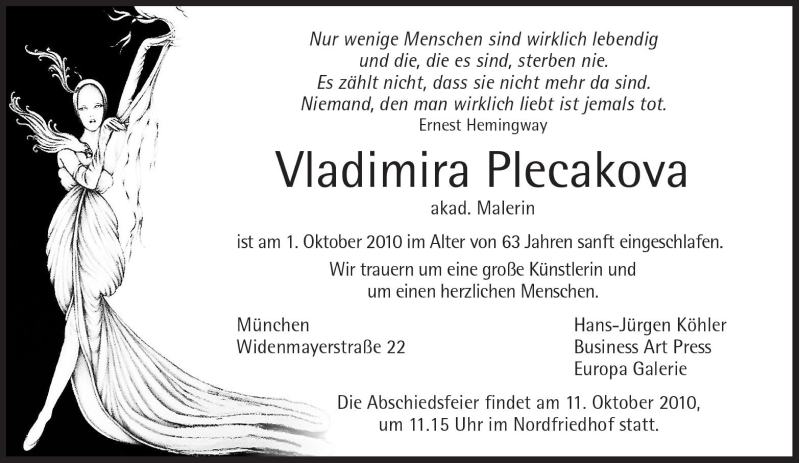  Traueranzeige für Vladimira Plecakova vom 06.10.2010 aus Süddeutsche Zeitung