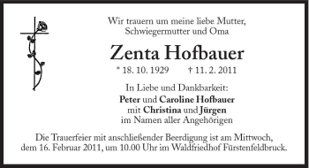 Traueranzeige von Zenta Hofbauer von Süddeutsche Zeitung