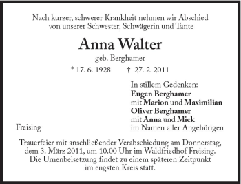 Traueranzeige von Anna Walter von Süddeutsche Zeitung