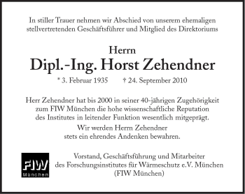 Traueranzeige von Horst Zehendner von Süddeutsche Zeitung
