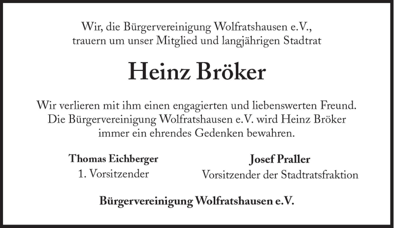  Traueranzeige für Heinz Bröker vom 22.02.2011 aus Süddeutsche Zeitung