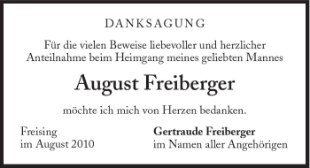 Traueranzeige von August Freiberger von Süddeutsche Zeitung