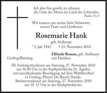 Traueranzeige von Rosemarie Hank von Süddeutsche Zeitung