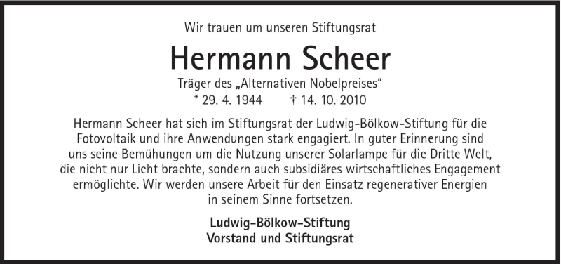  Traueranzeige für Hermann Scheer vom 19.10.2010 aus Süddeutsche Zeitung