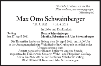 Traueranzeige von Max Otto Schwainberger von Süddeutsche Zeitung