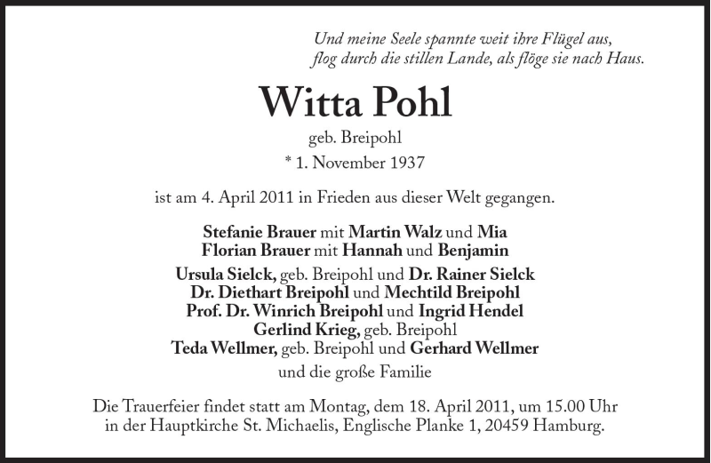  Traueranzeige für Witta Pohl vom 09.04.2011 aus Süddeutsche Zeitung