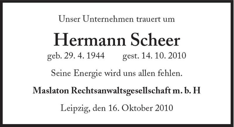  Traueranzeige für Hermann Scheer vom 16.10.2010 aus Süddeutsche Zeitung