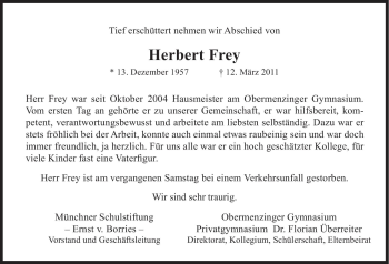 Traueranzeige von Herbert Frey von Süddeutsche Zeitung