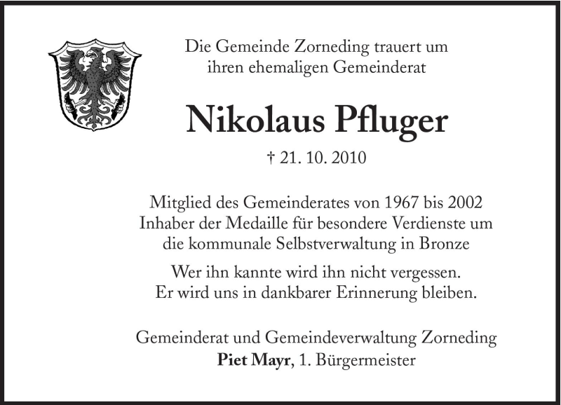  Traueranzeige für Nikolaus Pfluger vom 26.10.2010 aus Süddeutsche Zeitung