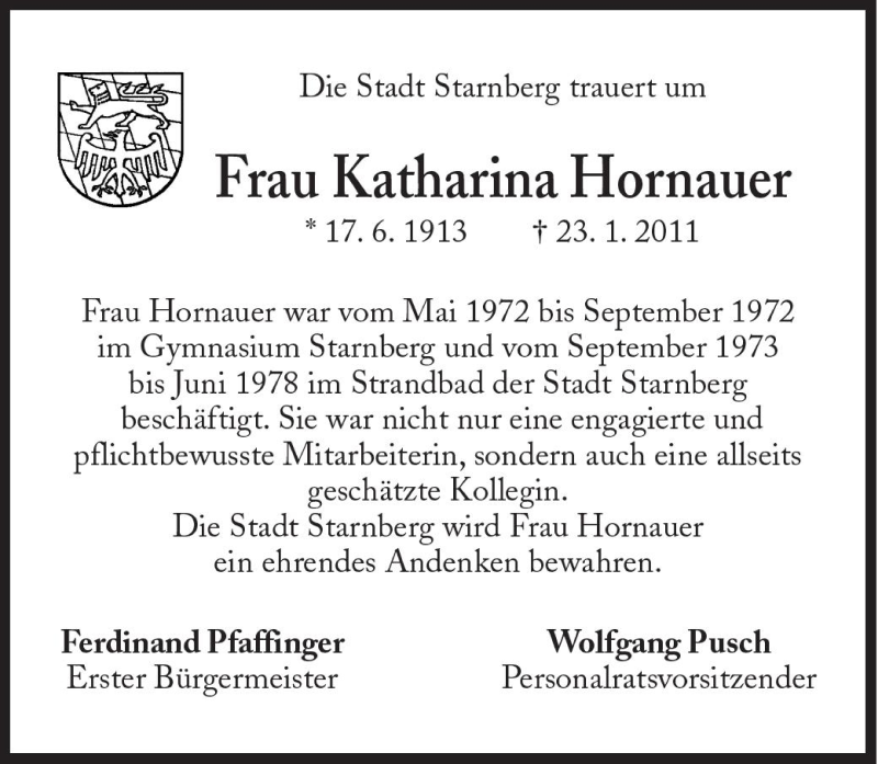  Traueranzeige für Katharina Hornauer vom 29.01.2011 aus Süddeutsche Zeitung