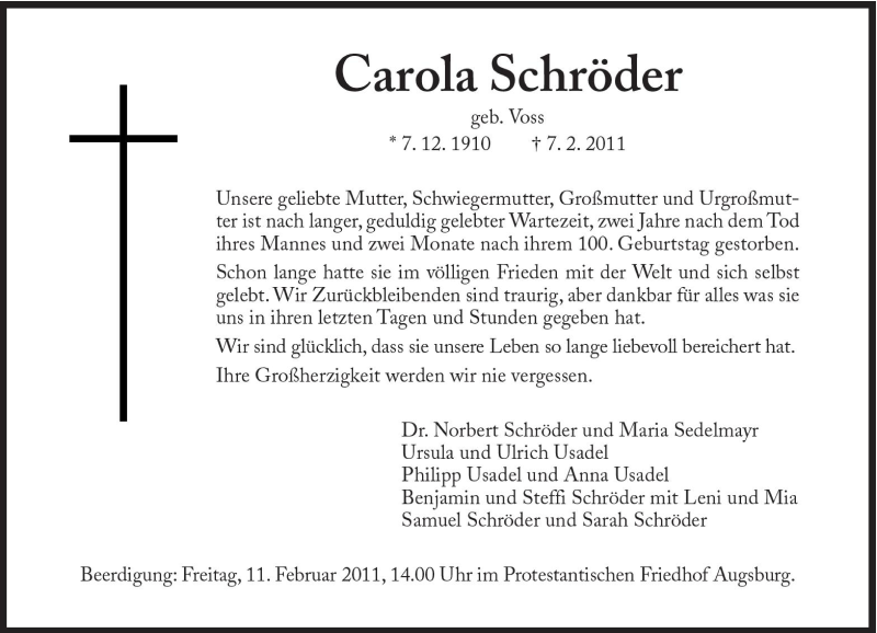  Traueranzeige für Carola Schröder vom 09.02.2011 aus Süddeutsche Zeitung