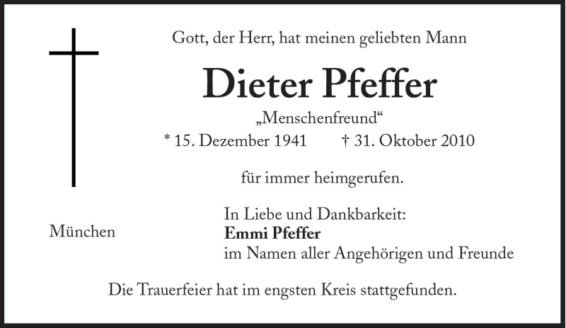  Traueranzeige für Dieter Pfeffer vom 10.11.2010 aus Süddeutsche Zeitung