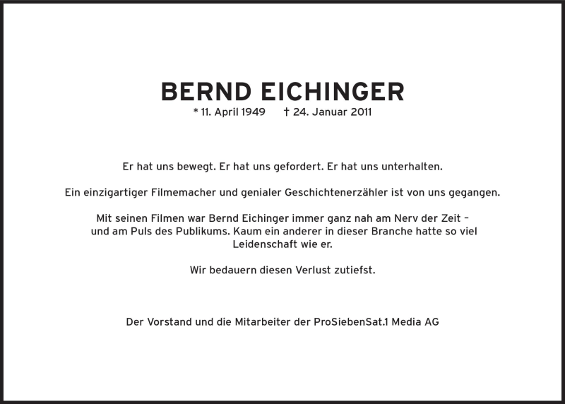  Traueranzeige für Bernd Eichinger vom 29.01.2011 aus Süddeutsche Zeitung