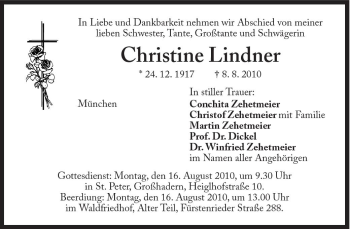 Traueranzeige von Christine Lindner von Süddeutsche Zeitung