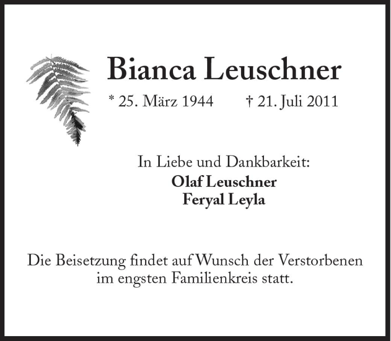  Traueranzeige für Bianca Leuschner vom 23.07.2011 aus Süddeutsche Zeitung