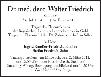 Traueranzeige von Friedrich Walter von Süddeutsche Zeitung