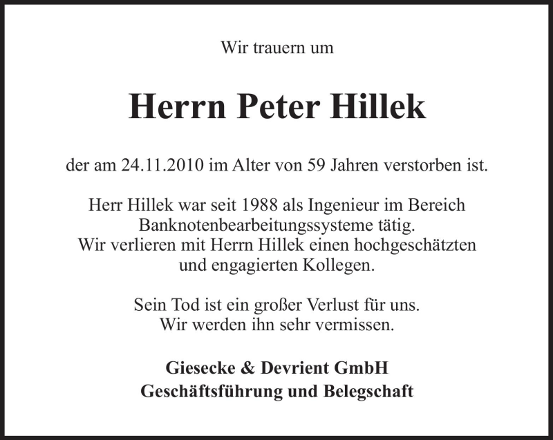  Traueranzeige für Peter Hillek vom 01.12.2010 aus Süddeutsche Zeitung