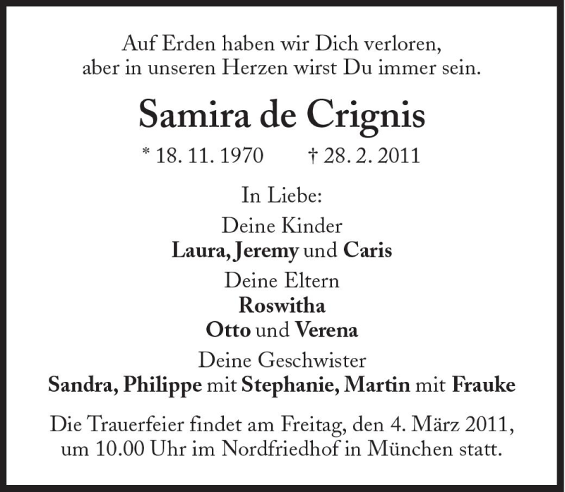  Traueranzeige für Samira de Crignis vom 02.03.2011 aus Süddeutsche Zeitung