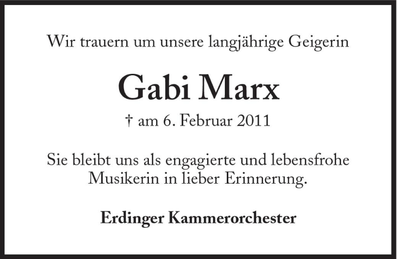  Traueranzeige für Gabi Marx vom 10.02.2011 aus Süddeutsche Zeitung