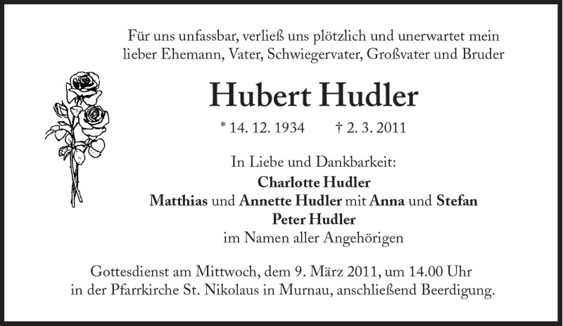  Traueranzeige für Hubert Hudler vom 05.03.2011 aus Süddeutsche Zeitung
