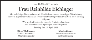 Traueranzeige von Reinhilde Eichinger von Süddeutsche Zeitung