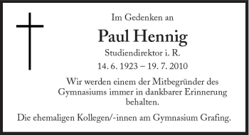 Traueranzeige von Hennig Paul von Süddeutsche Zeitung