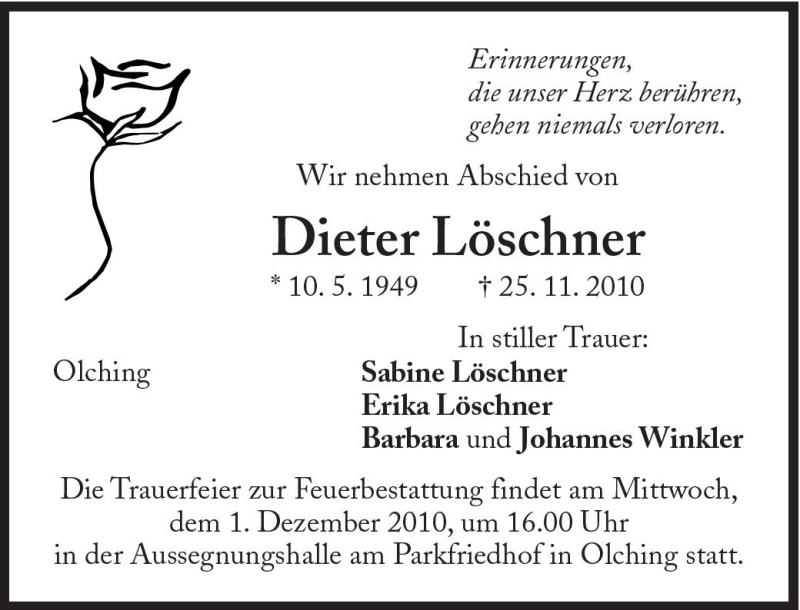  Traueranzeige für Dieter Löschner vom 29.11.2010 aus Süddeutsche Zeitung