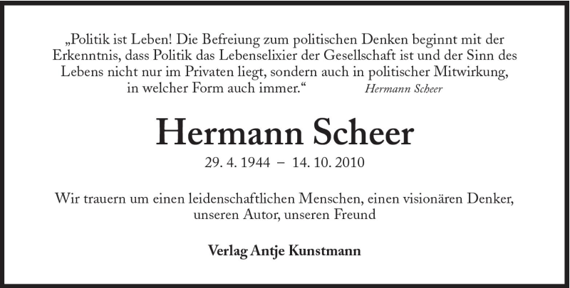  Traueranzeige für Hermann Scheer vom 16.10.2010 aus Süddeutsche Zeitung