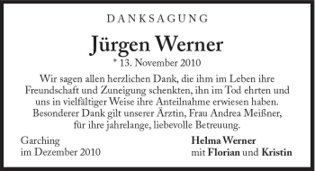 Traueranzeige von Werner Jürgen von Süddeutsche Zeitung