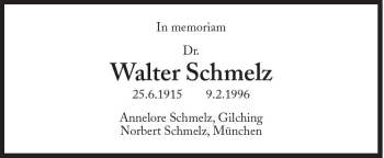 Traueranzeige von Walter Schmelz von Süddeutsche Zeitung