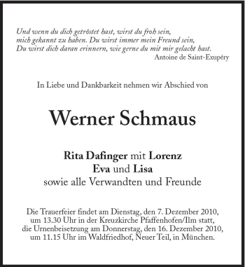 Traueranzeige von Werner Schmaus von Süddeutsche Zeitung