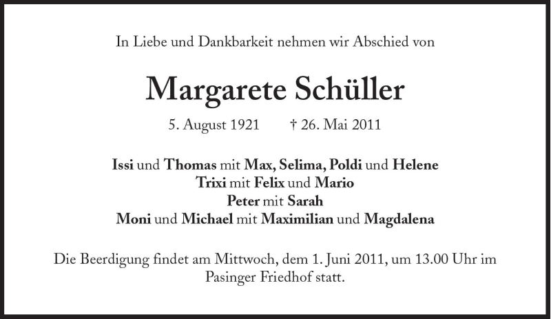  Traueranzeige für Margarete Schüller vom 30.05.2011 aus Süddeutsche Zeitung