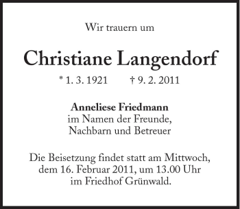 Traueranzeige von Christiane Langendorf von Süddeutsche Zeitung