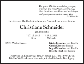 Traueranzeige von Christiane Schneider von Süddeutsche Zeitung