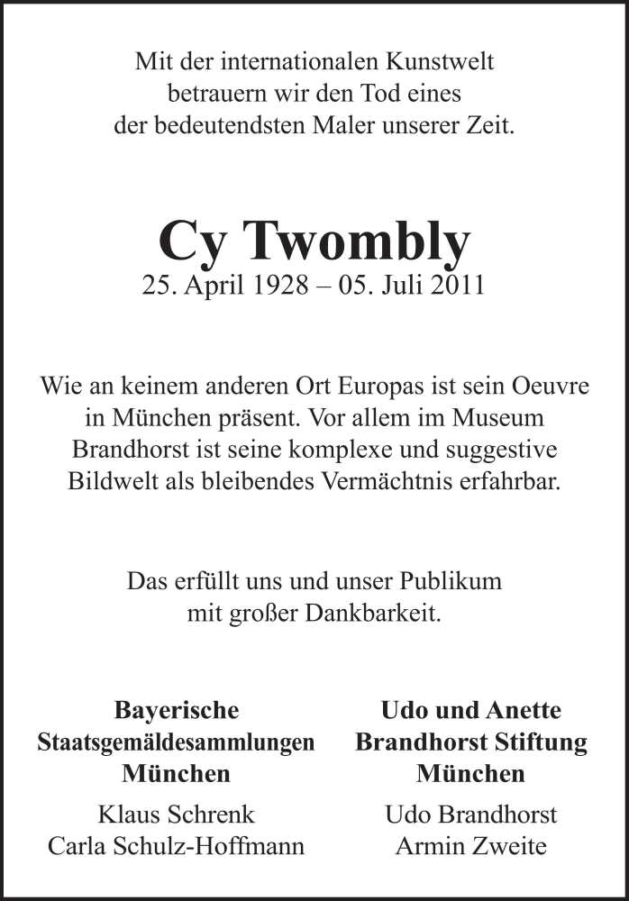  Traueranzeige für Cy Twombly vom 09.07.2011 aus Süddeutsche Zeitung