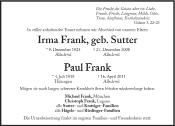 Traueranzeige von Irma Frank von Süddeutsche Zeitung