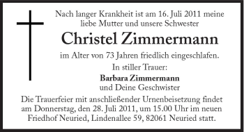 Traueranzeige von Christel Zimmermann von Süddeutsche Zeitung