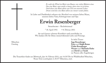Traueranzeige von Erwin Resenberger von Süddeutsche Zeitung