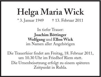 Traueranzeige von Helga Maria Wick von Süddeutsche Zeitung