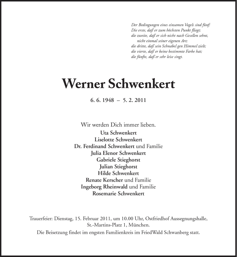  Traueranzeige für Werner Schwenkert vom 12.02.2011 aus Süddeutsche Zeitung