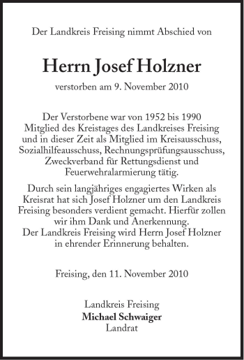 Traueranzeige von Josef Holzner von Süddeutsche Zeitung