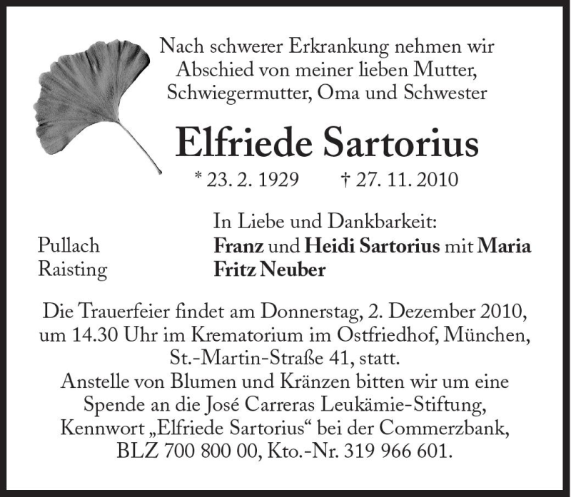  Traueranzeige für Elfriede Sartorius vom 30.11.2010 aus Süddeutsche Zeitung
