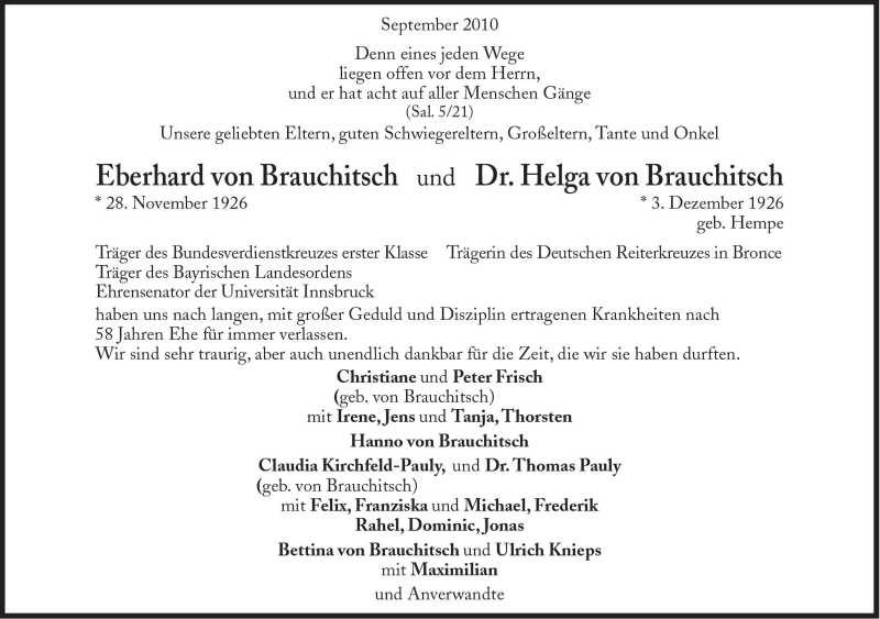  Traueranzeige für Eberhard und Helga von Brauchitsch vom 11.09.2010 aus Süddeutsche Zeitung