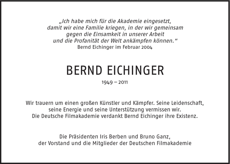  Traueranzeige für Bernd Eichinger vom 29.01.2011 aus Süddeutsche Zeitung