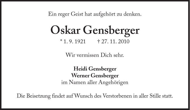  Traueranzeige für Oskar Gensberger vom 04.12.2010 aus Süddeutsche Zeitung