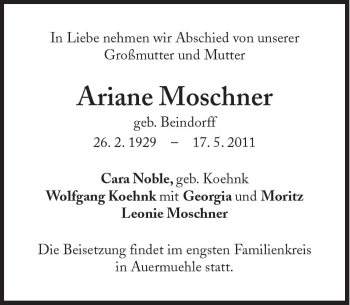 Traueranzeige von Ariane Moschner von Süddeutsche Zeitung